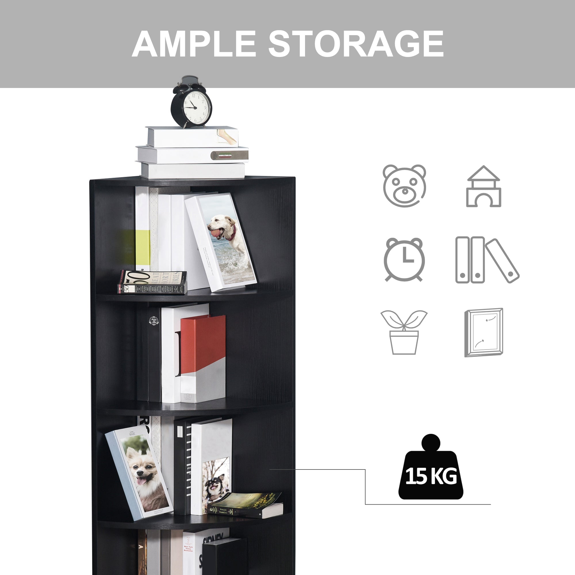 HOMCOM 4-Tier Corner Open Shelf Bookcase Freestanding Fan Bookshelf Plants Stand, 40x40x120cm, Black